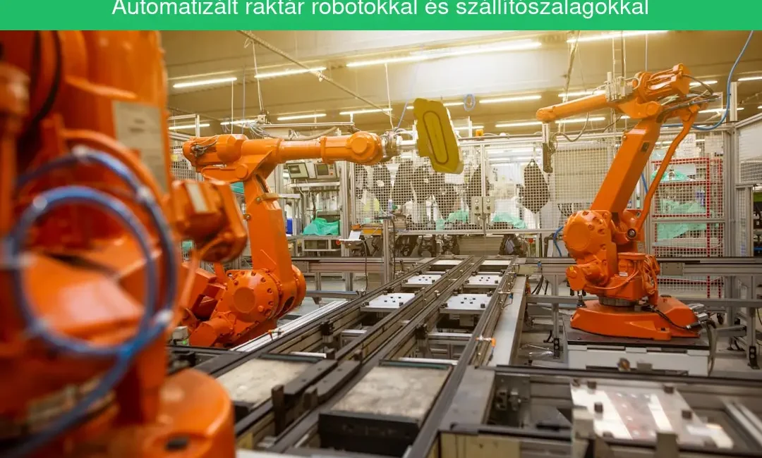 Automatizált raktár robotokkal és szállítószalagokkal