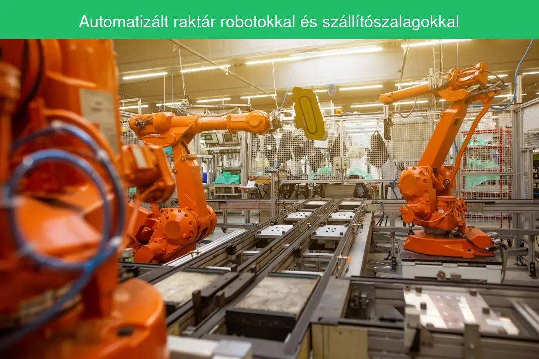 Automatizált raktár robotokkal és szállítószalagokkal